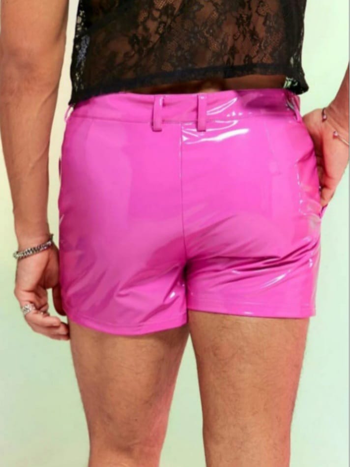 Men's Solid PU Leather Pink Shorts